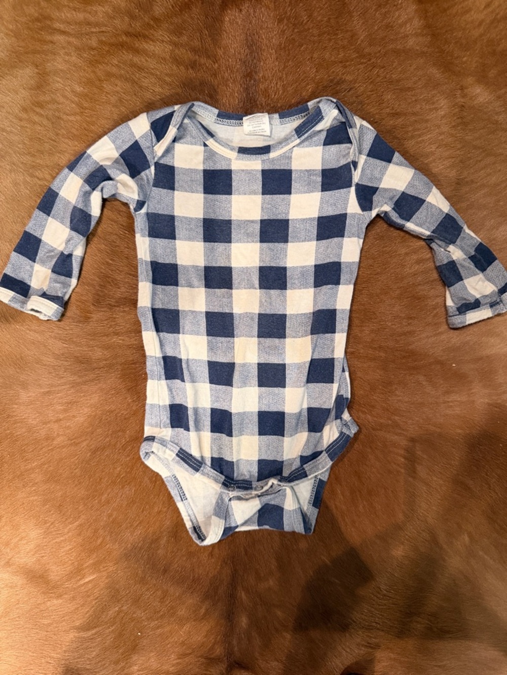 Kate Quinn Blue and White Buffalo Check Long Sleeve Baby Onesie 6-12 months